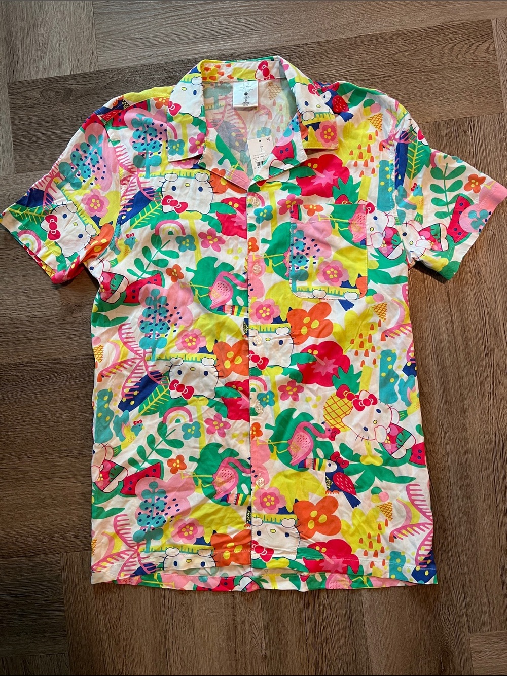 Hello Kitty Bright Mens Hawaiian Tropical Short Sleeve Button Down